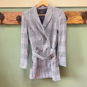 Bardot Grey Glen Plaid Double Breasted‎ Belted Blazer Dress US 4 XS Mini Jacket